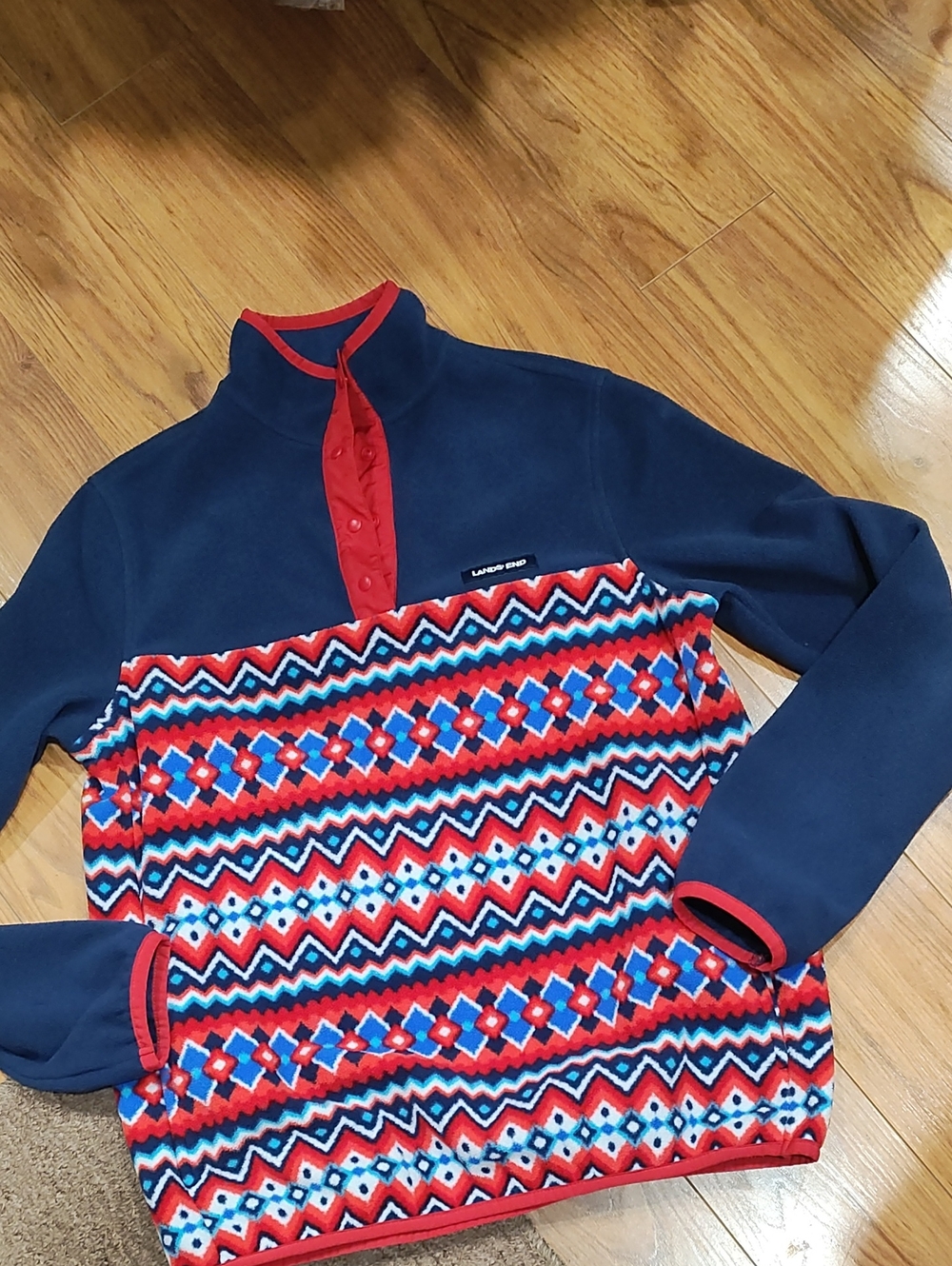 Lands' End Navy Zip-Up Sweater with Red Patterned Front